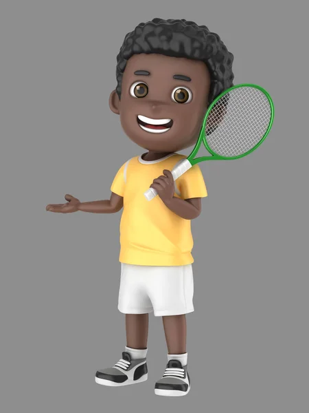 Obrázek Africké Americké Chlapce Uniformě Tenis Drží Raketu Prezentovat Něco — Stock fotografie