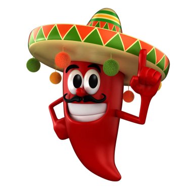 Meksika kostüm giyen işaret eden bir biber 3D render