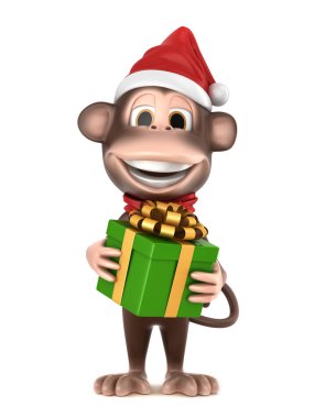 bir maymunun Noel şapkalı bir hediye kutusu tutarak 3D render