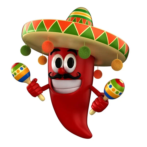 3d render of a chili holding maracas and wearing mexican costume