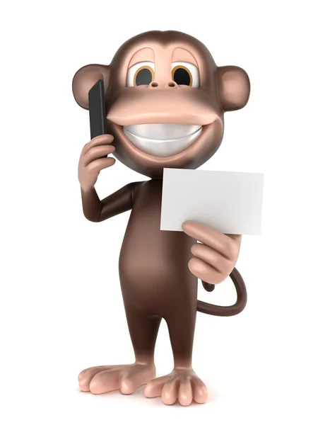 一只猴子手持手机拨打电话并持有空白卡的渲染 — 图库照片