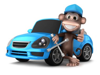 başparmak yukarıya işaret gösteren bir lastik anahtar tutan bir makinist maymunun 3D render