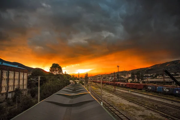 Sunset Landscape Train Railway Station Vanadzor — Stock Photo, Image