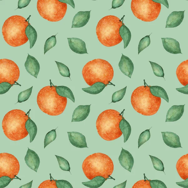 Seamless pattern, watercolor orange fruit and green leaves. — Stock Photo, Image