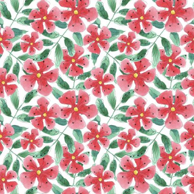 Kusursuz suluboya çiçek deseni, kırmızı çiçekler ve yeşil yapraklar..