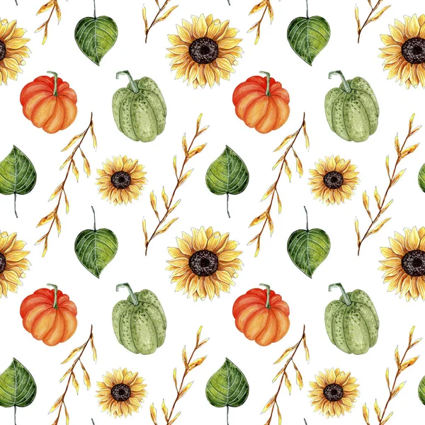 Seamless Watercolor Pattern Design Pumpkin Sunflower Leaves Thanksgiving Background — Stock Photo, Image