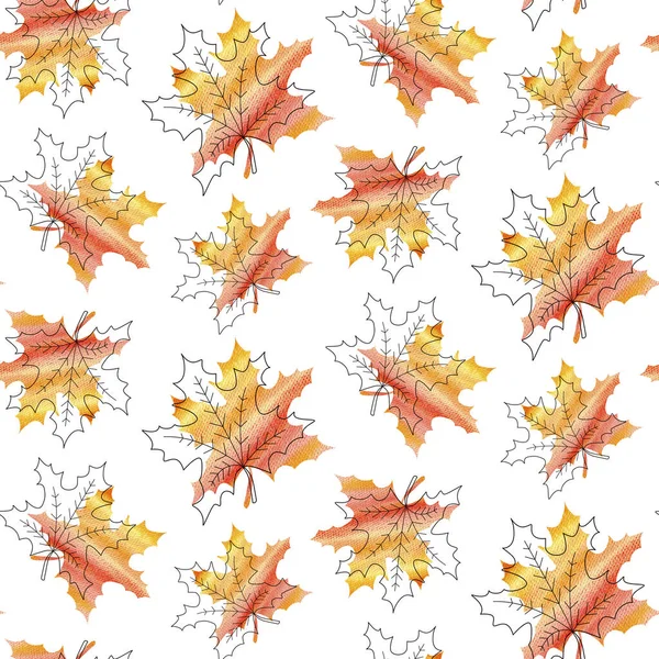 Seamless watercolor and line art autumn fall leaves. — Stock Photo, Image