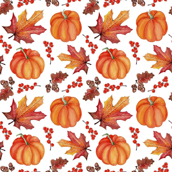 Seamless watercolor pattern design: pumpkins and autumn fall elements. — Stock Photo, Image