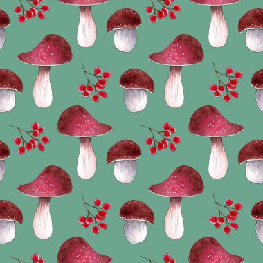 Mantar ve dutlu suluboya orman deseni.