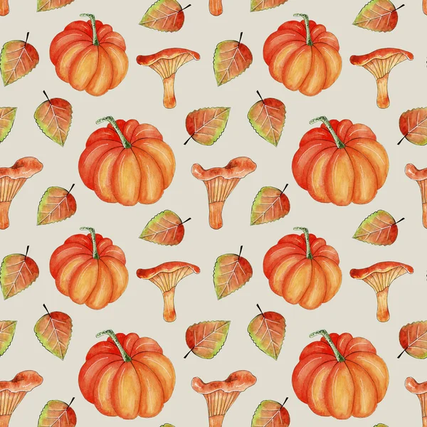 Seamless watercolor pattern design: pumpkins, mushrooms and autumn fall leaves. — Stock Photo, Image