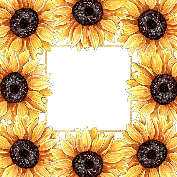 Watercolor sunflower frame with empty space for your text. — Stock Photo, Image