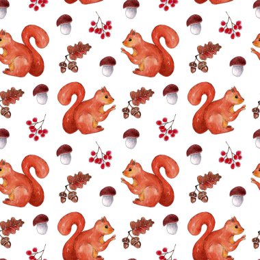 Sincap, mantar, böğürtlen ve meşe palamudu içeren suluboya orman deseni.