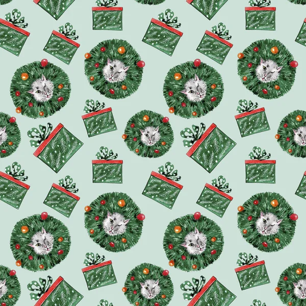 Watercolor Christmas and New Year Pattern, Christmas cat background design for kids. — Stock Photo, Image