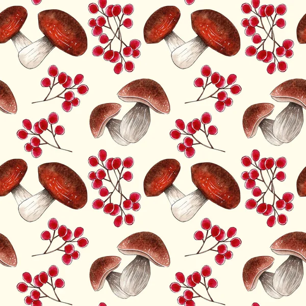 Watercolor mushrooms pattern design, forest elements.