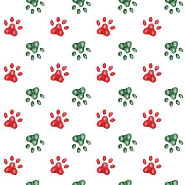 Suluboya kırmızı ve yeşil kedi pençesi izleri. Hayvanlar için Noel tasarımı.