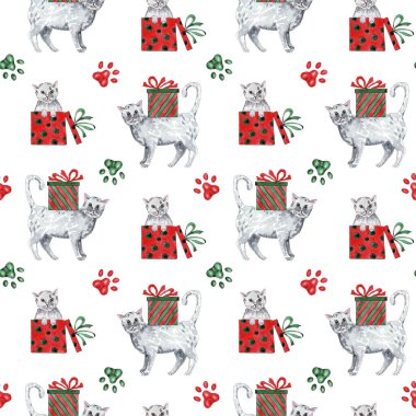 Suluboya Noel ve kedilerle dolu yeni yıl şablonu, kusursuz dijital kağıt.