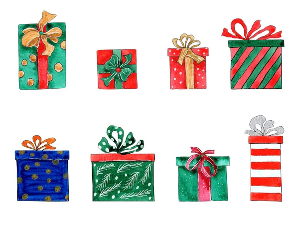 Akvarelové vánoční a silvestrovské dárkové krabice set — Stock fotografie