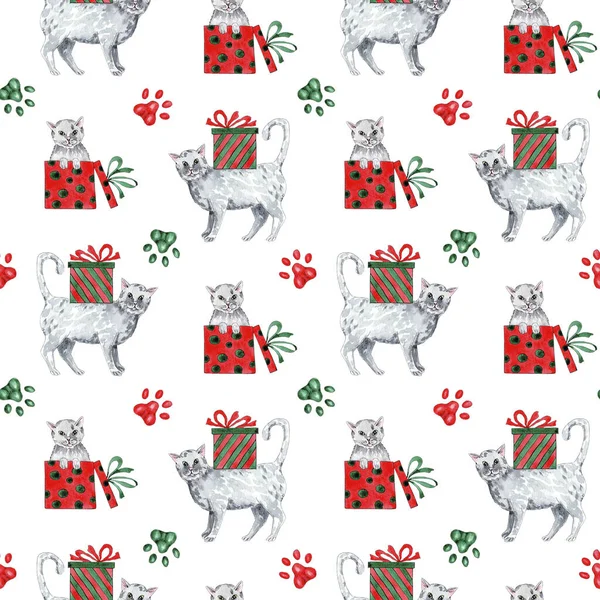 Akwarela Boże Narodzenie i Nowy Rok wzór z kotami, bezszwowy papier cyfrowy. — Zdjęcie stockowe