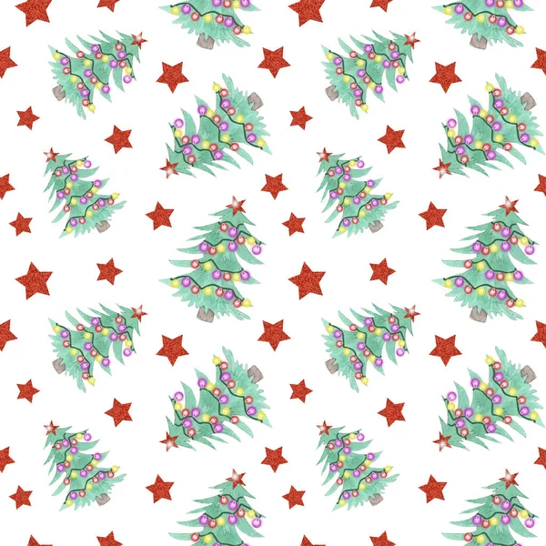 水彩クリスマスと新年のパターン、クリスマスツリーの背景. — ストック写真