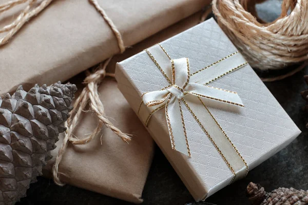 Close Gift Packages Wrapped Kraft White Paper — Stock Photo, Image