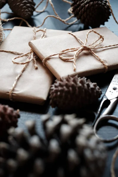 Close Gift Packages Wrapped Kraft Paper Surrounded Pineapples — Stock Photo, Image