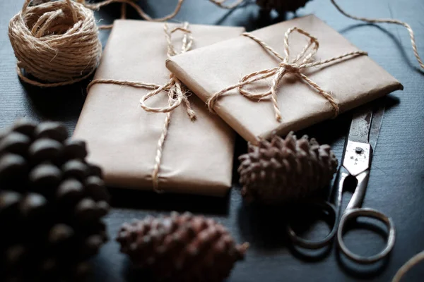 Close Gift Packages Wrapped Kraft Paper Surrounded Pineapples — Stock Photo, Image