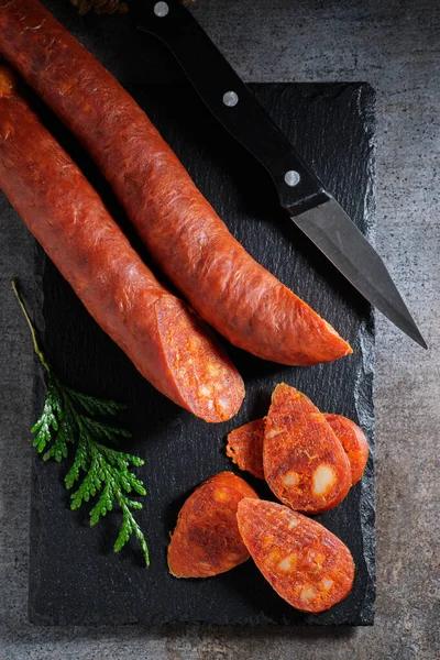 Traditional Spanish Sausage Chorizo Slate Stone — Stock Photo, Image