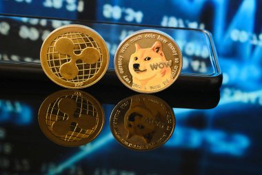 Arka planda dijital finansal veriler büyüyen dijital para birimi eğilimini sembolize ederken, iki kripto para birimi, Xrp ve Dogecoin, yansıtıcı bir yüzey üzerinde dinleniyor.