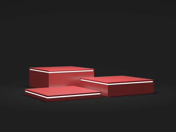 8Kデモディスプレイ用製品ショーケース 3Dレンダリング 薄い光でボックス表彰台スタイル 黒と赤 — ストック写真