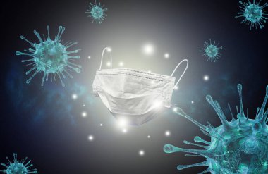 Coronavirus salgını ve koronavirüs salgını, grip salgını, salgın hastalıklar, beyaz tıbbi maske gibi hastalıklar. Yüz maskesi kirliliğe, virüse, gribe karşı koruma