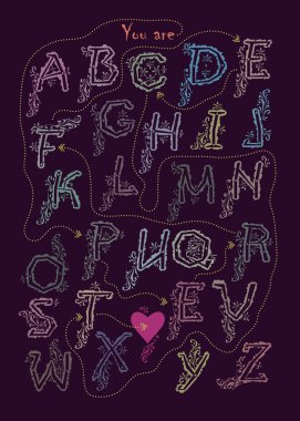 Şifreli romantik mesajı olan sanatsal alfabe. Zarif dekorlu renkli mektuplar. Siyah arka plan. Pembe kalp, metnin sonu gibidir. Vektör İllüstrasyonu