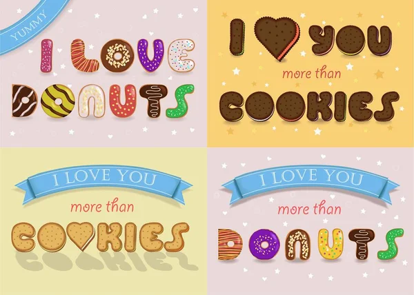 Карточки Текстами Шрифту Сладостей Люблю Тебя Больше Пончики Печенье — стоковое фото