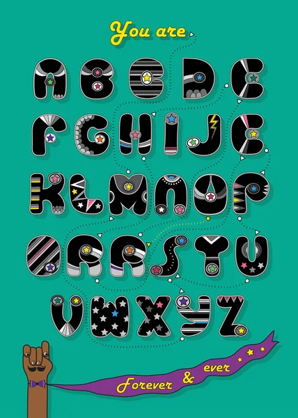 Artistic alphabet with encrypted romantic message You are my superhero. Cartoon black letters with bright decor. Funny male hand with cloak and text Forever and ever. Illustration