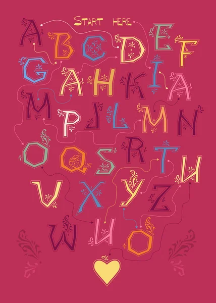 Artistic alphabet with encrypted romantic message I am mad about you. Colorful letters with geometric decor. Yellow heart is as the end of the text. Illustration