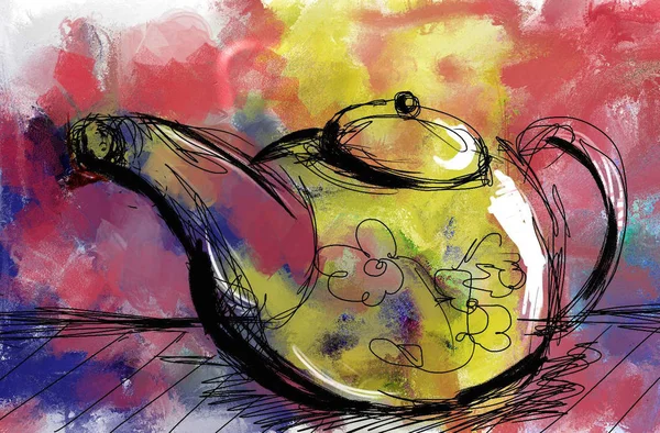 Zwarte Theepot Met Kolen Tekening Effect Kleurrijke Achtergrond Met Aquarel — Stockfoto