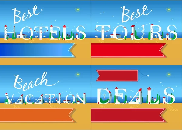 Set of travel card. Letters are as white buildings on the summer beach. Banners for custom texts. Plane in the sky. Best hotels. Tours. Beach Vacation. Hot Deals