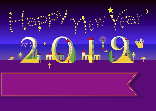 Gele Tekst Happy New Year Met Sterren Hemel Nummer 2019 — Stockvector
