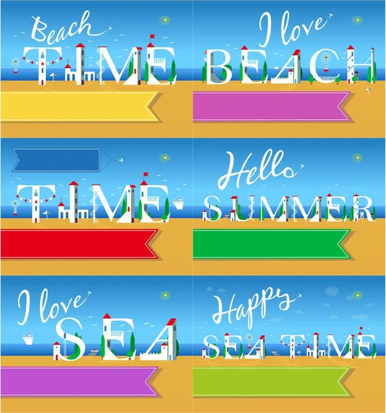 Set of cards with inscriptions about travel. Letters are as white buildings on the summer beach. Colorful banners for custom texts. Plane in the sky
