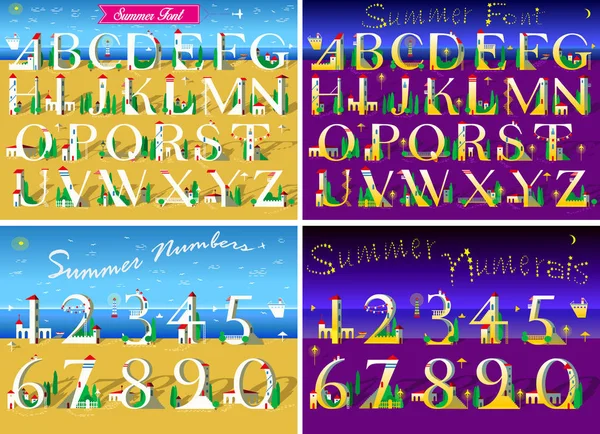 Set of Letters and Numbers. Summer Travel Day and Night Alphabets. Signs are as white houses on the beach. Plane and stars in the sky. Illustration