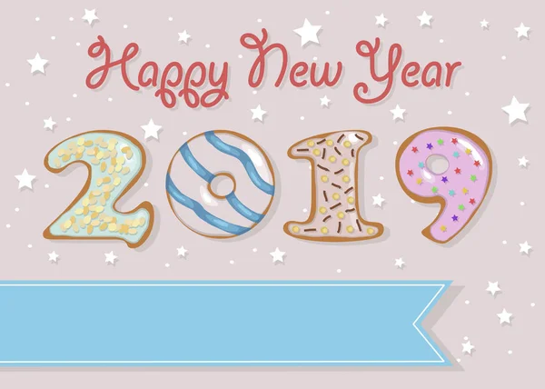 Happy New Year 2019. Artistic colorful number as sweet donuts with cream and nuts decor. Pink background with white stars and snowfall. Blue banner for custom text. Illustration