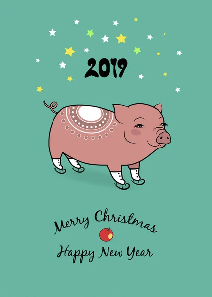 Cartoon fanny pink pig with white decor and figure skates. Black text - 2019 Merry Christmas and Happy New Year with red apple. Colorful stars. Green Background.  Illustration