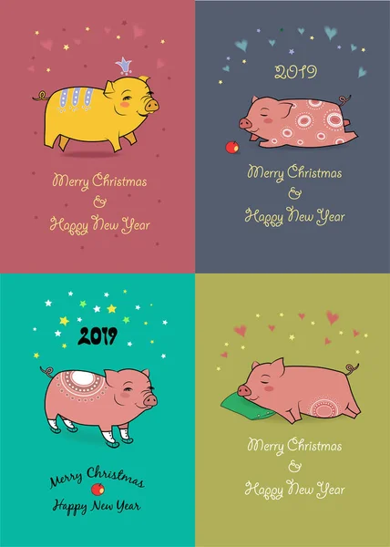 Christmas New Year 2019 Set Funny Cartoon Pigs Crown Apple — Stock Vector
