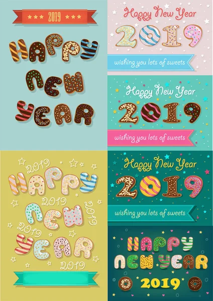 Kerstmis Nieuwjaar 2019 Instellen Artistieke Lettertype Zoete Donuts Met Room — Stockfoto