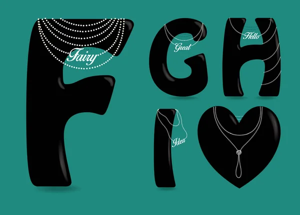 Fekete szimbólumok - F, G, H, I, szív. Gyöngy nyakláncok — Stock Fotó
