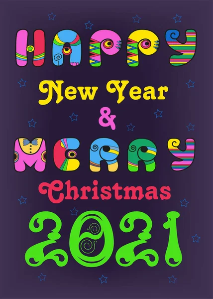 Happy New Year 2021 Merry Christmas Festive Inscription Artistic Retro — Stock Vector