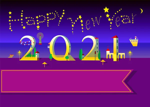 Texto Amarillo Feliz Año Nuevo Con Estrellas Cielo 2021 Como — Vector de stock