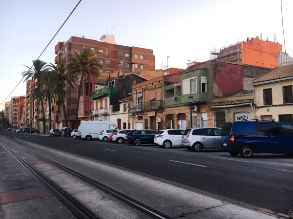 Valencia, İspanya. Güneşli yaz günü, seyahat süresi. Avuç içi, ağaçlar ve eski binalar