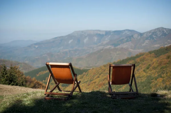 Relaxing Armchairs Top Snowy Mountain — Stock Photo, Image