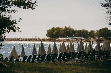 Covid 19 virüsü salgını sırasında tahta şemsiyeli ve güneşli plaj. Coronavirüs 'ün yayılması ve turizm sektörünün krizi kavramı