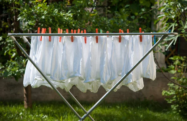Underpants Identical White Underpants Hung Garden Laundry Same Underwear Dry — Stock Photo, Image